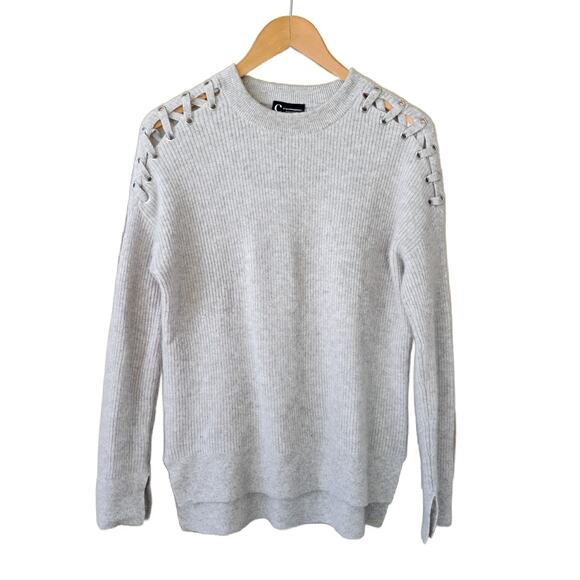 C by BLOOMINGDALE'S Cashmere Sweater RIbbed Laced Shoulders Medium Warm Gray - Picture 7 of 9